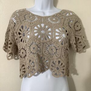 Kings Road Tan Crochet Boho Beachy Summer Festival Fairy Hippie Crop Top S